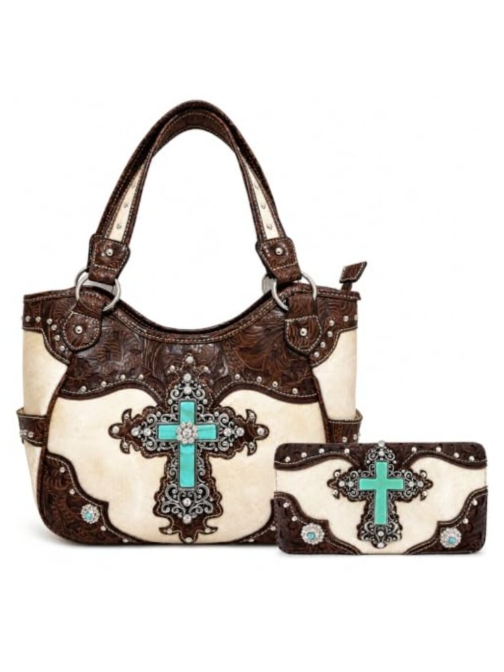 Western Rhinestone Cross Studded Tooled Leather Purse Wallet Set